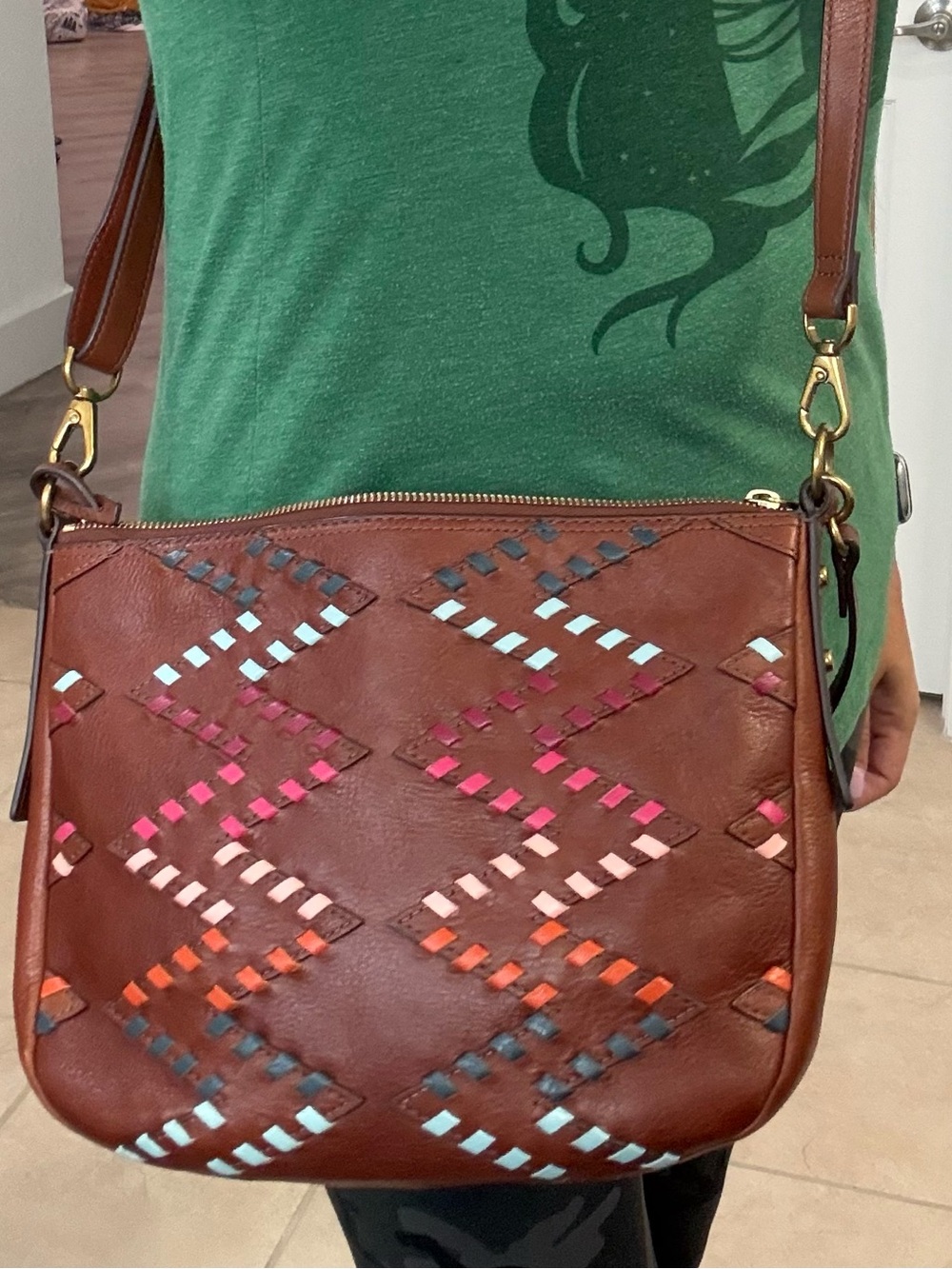 Fossil Brown Woven Leather Crossbody - Multi-Color Chevron + Key Charm - Picture 2 of 10